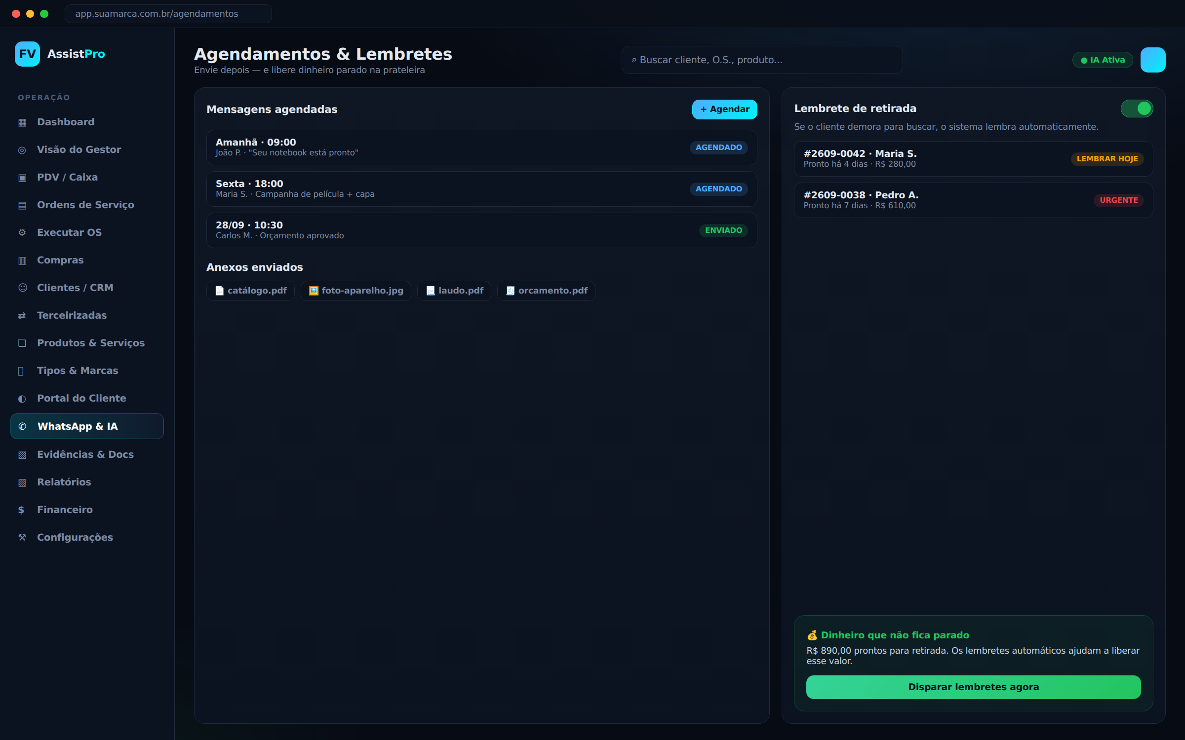 Agendamento de mensagens e lembretes de retirada automáticos